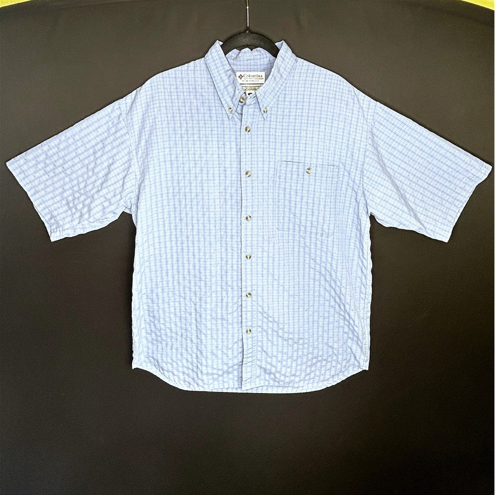 Columbia Mens Sky Blue Plaid Button Down Short Sleeve Shirt Sz L Casual Everyday